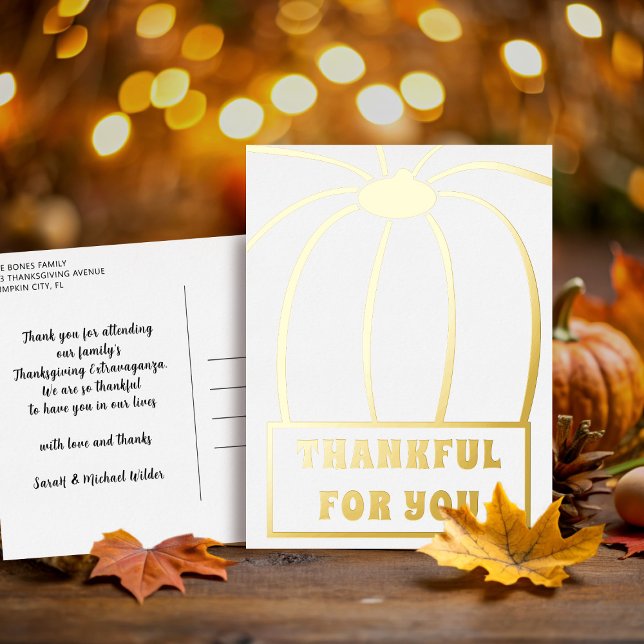 Carte postale de Foil Thanksgiving Foil (Here's a modern pumpkin thank you foil postcard. I'm thankful for you! )