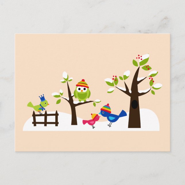 Carte postale de hibou mignon oiseaux neige hiver (Devant)