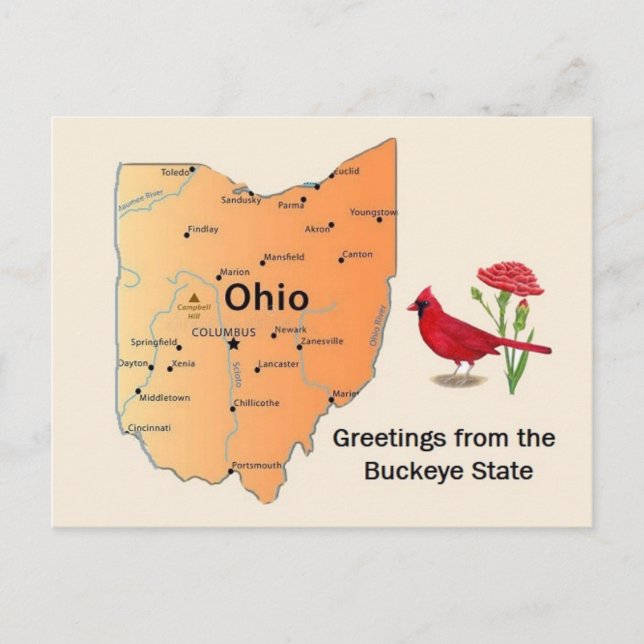 Carte postale de la carte de l'État de l'Ohio (Devant)