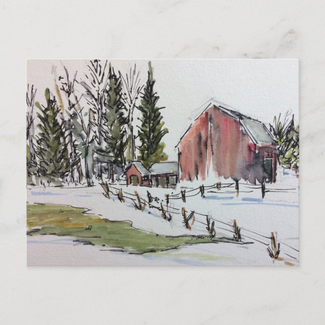 Carte postale de la grange en hiver rouge paysage  (Devant)