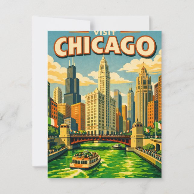 Carte postale de la rivière Chicago à la Saint-Pat (Devant)