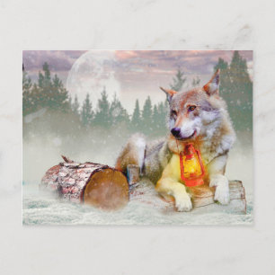 Carte postale de la scène de Noël du loup d'hiver
