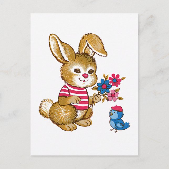 Carte postale de lapin mignon et d'oiseau bleu (Devant)