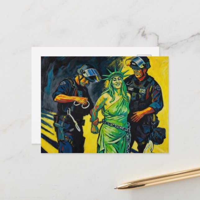 Carte postale de l'arrestation de la Statue de la  (Devant/Arrière en situation)