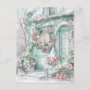 Carte postale de maison de Noël verte et rose