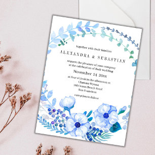 Carte postale de mariage à couronne florale bleue 