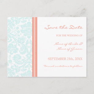 Carte postale de mariage Aqua Coral Damask pour an