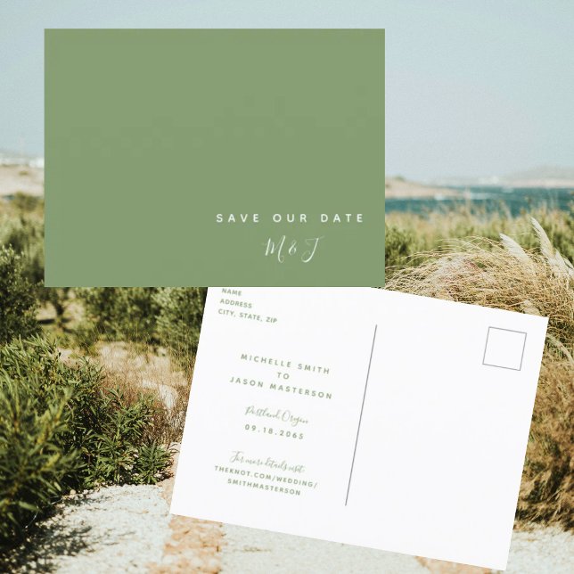 Carte postale de mariage vert simple pour annoncer (Créateur téléchargé)