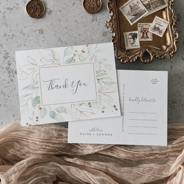 Carte postale de Merci Airy Green et Gold Leaf (Créateur téléchargé)