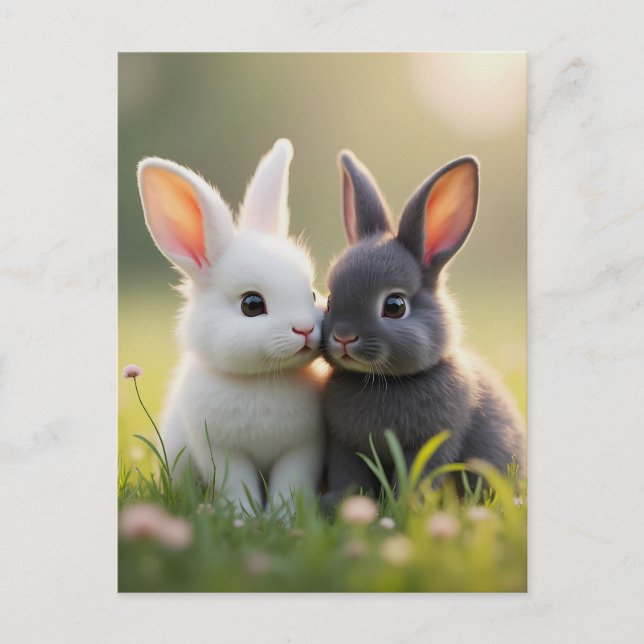 Carte Postale De mignons lapins blancs et noirs dans une prairie (Devant)
