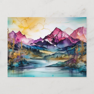 Carte postale de montagne aux fleurs sauvages aqua