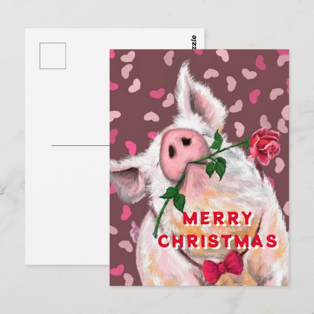 Carte postale de Noël amusante avec un porc (Devant / Derrière)