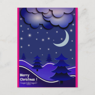 Carte postale de Noël bleue, rose chaude et violet
