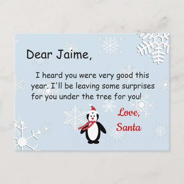 Carte postale de Noël de Père Noël à un enfant (Devant)