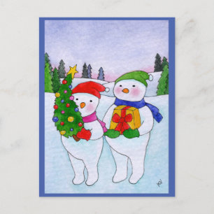 Carte postale de Noël des hommes de neige mignons