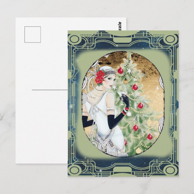 Carte postale de Noël Flapper Art Déco des années  (Devant / Derrière)