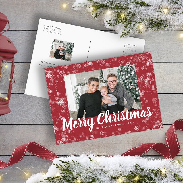 Carte postale de Noël moderne Red Snowflake (Modern Red Snowflake Photo Christmas Postcard
)