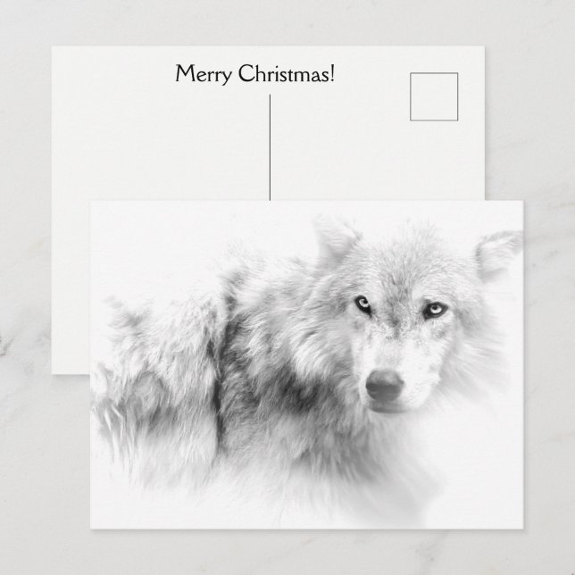 Carte postale de Noël noir et blanc Loup (Devant / Derrière)