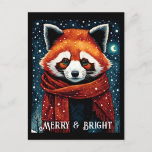 Carte postale de Noël Panda Rouge Nuit Neige