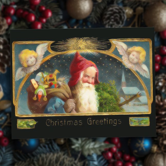 Carte postale de Noël Père Noël et Angles vintages (Créateur téléchargé)