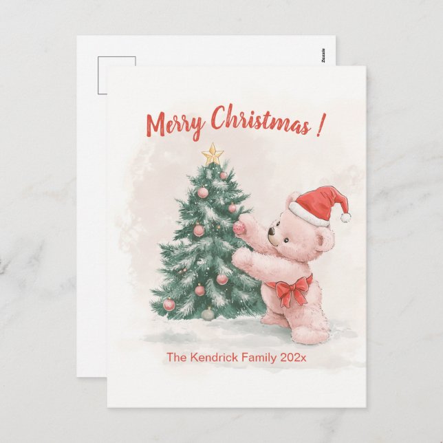 Carte postale de Noël Pink Teddy Bear Retro (Devant / Derrière)