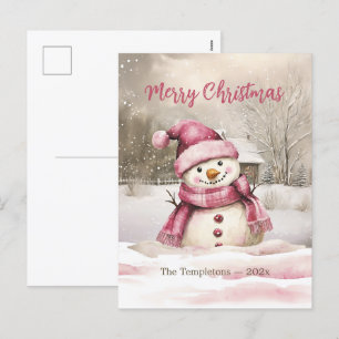 Carte postale de Noël rose Snowman Vintage