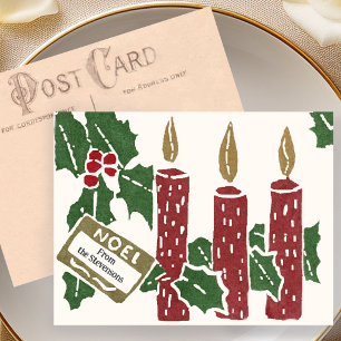 Carte postale de Noël vintage avec bougies en lino
