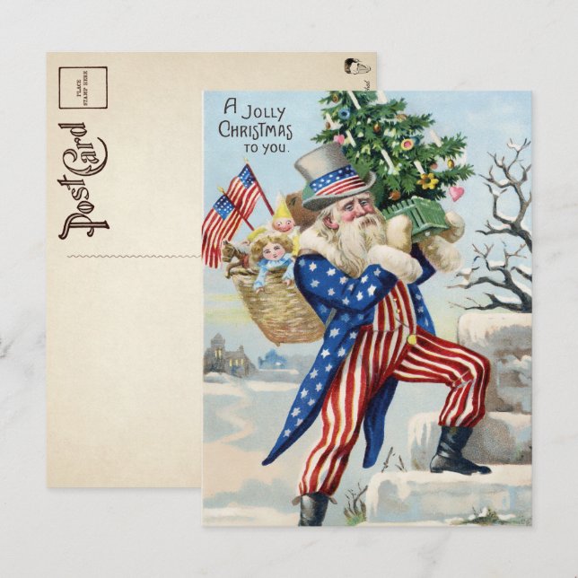 Carte postale de Noël vintage Oncle Sam Père Noël (Devant / Derrière)