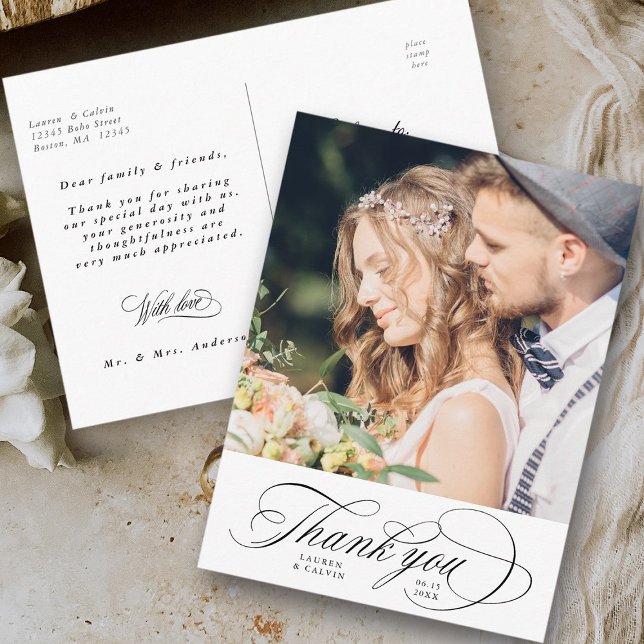 Carte postale de photo de mariage à calligraphie n (Front & Back)