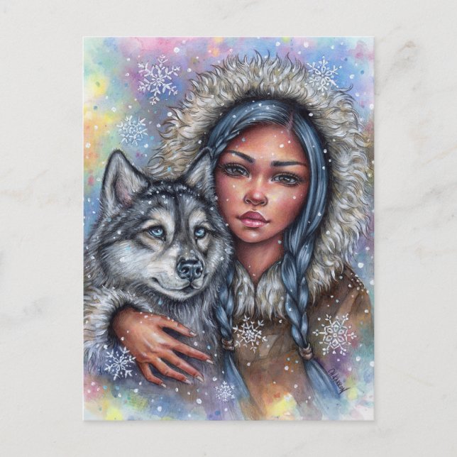 Carte postale de première neige Husky chiot meille (Devant)