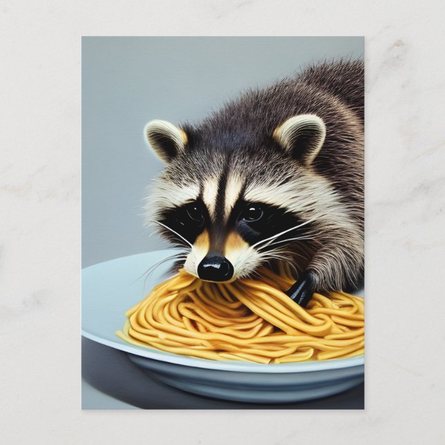 Carte postale de raton laveur mangeant des spaghet (Devant)