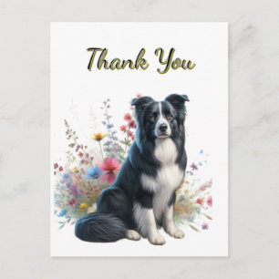 Carte postale de remerciement Border Collie et fle