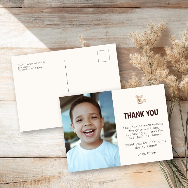 Carte postale de remerciement pour une fête d'enfa (Sweet Cookie Mouse Theme Kid Birthday Thank You Postcard)