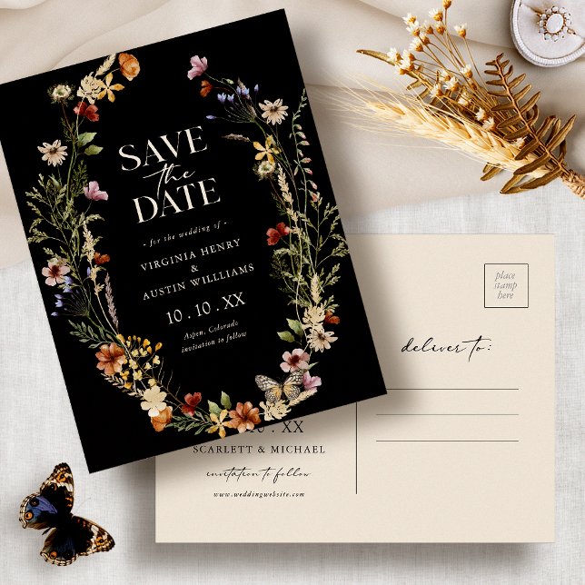 Carte postale de sauvegarde de date de mariage Boh (Black Boho Watercolor Floral Save The Date Postcard by Painted Paperie
)