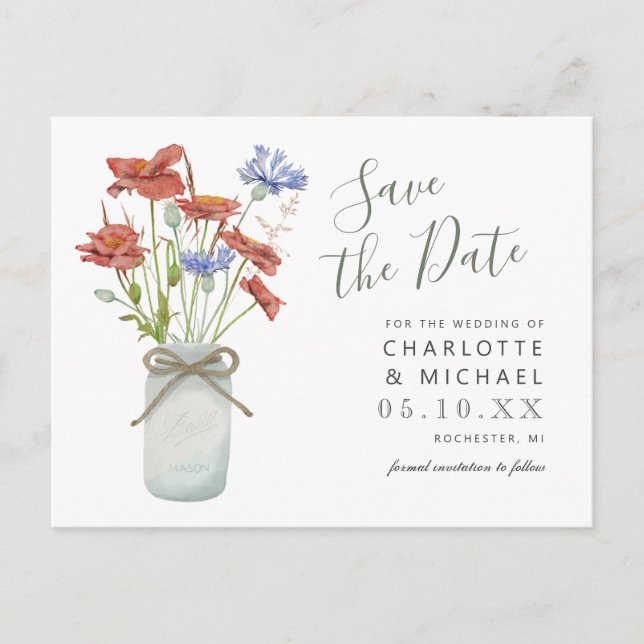 carte postale de save the date avec un pot de fleu (Devant)