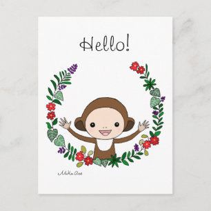 Carte postale de singe mignon avec des fleurs d'ar