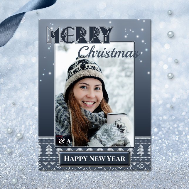 Carte postale de sweater marine pour photo de vaca (An ugly sweater photo template postcard with Merry Christmas and a Happy New Year wishes)