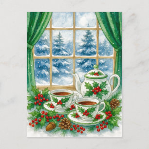 Carte postale de thé d'hiver cosy près de la fenêt