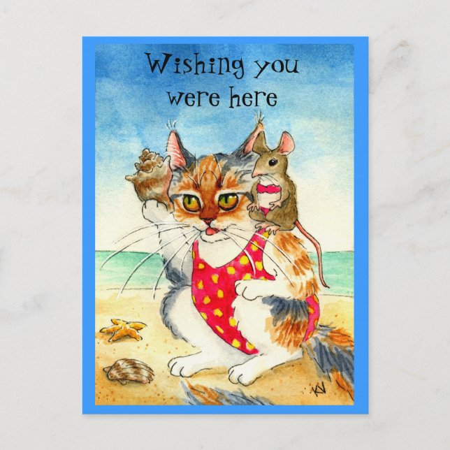 Carte postale de vacances à la plage avec un chat  (Devant)