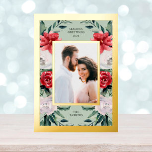 Carte Postale De Vacances En Aluminium Aquarelle Poinsettia Fleurs avec photo et or
