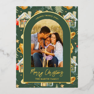 Carte Postale De Vacances En Aluminium Aquarelle Ville de Noël Photo Vert