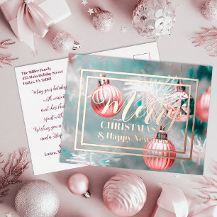 Carte Postale De Vacances En Aluminium Arbre de Noël élégant décoré de Baubles roses