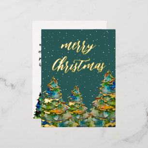 Carte Postale De Vacances En Aluminium Arbre de Noël Flocons de Neige Aquarelle Vert Or