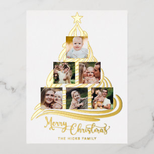 Carte Postale De Vacances En Aluminium Arbre de Noël Gold Foil Famille Multiphoto