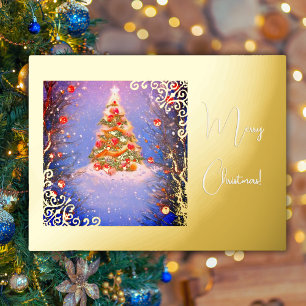 Carte Postale De Vacances En Aluminium Arbre de Noël sous la neige avec de l'or