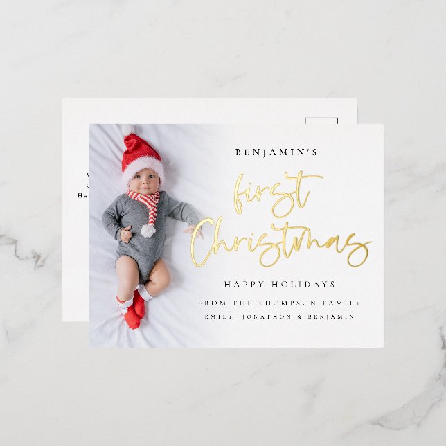 Carte Postale De Vacances En Aluminium Baby First Christmas Photo Overlay Real (Recto/Verso)