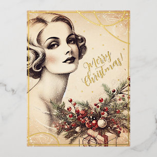 Carte Postale De Vacances En Aluminium Beauté Vintage Lady Joyeux Noël Greets Retro