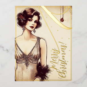 Carte Postale De Vacances En Aluminium Beauté Vintage Lady Joyeux Noël Greets Retro