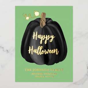 Carte Postale De Vacances En Aluminium Belle Citrouille d'or vert Halloween Happy Foil