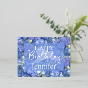 Carte Postale De Vacances En Aluminium Blue Hydrangeas Blooms Joyeux Anniversaire Nom per